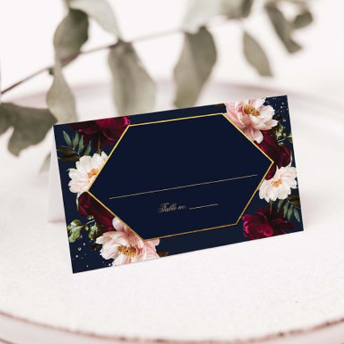 Dark Navy Burgundy Blush Peonies Floral Wedding Place Card