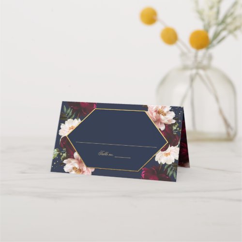Dark Navy Burgundy Blush Peonies Floral Wedding Place Card