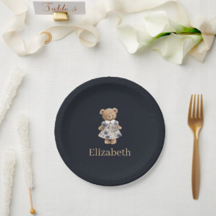 Dark Navy Custom Name Teddy Bear Girl Baby Shower Paper Plates