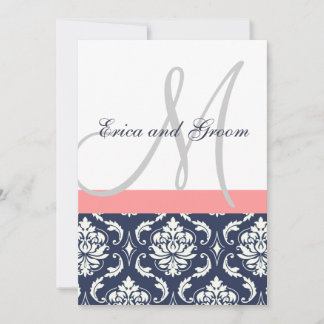 Dark Navy Damask Coral Monogram Wedding Invitation