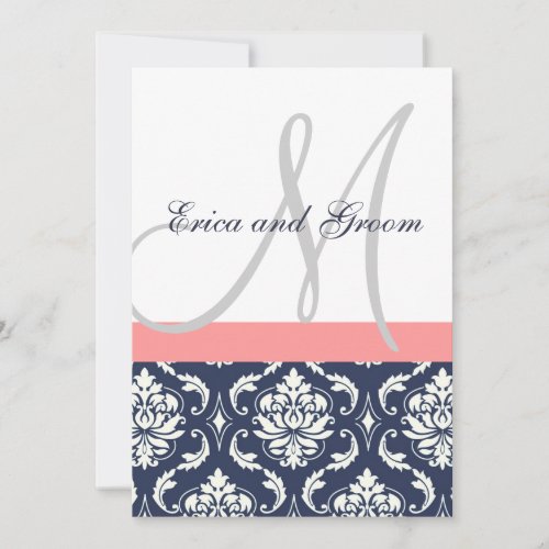 Dark Navy Damask Coral Monogram Wedding Invitation