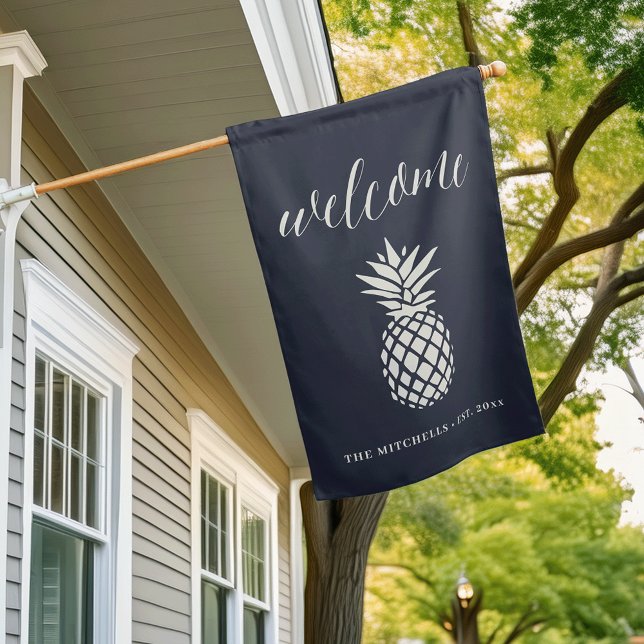 Dark Navy | Elegant Pineapple Personalized Welcome House Flag (Creator Uploaded)