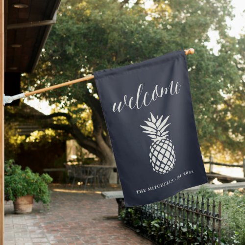 Dark Navy  Elegant Pineapple Personalized Welcome House Flag