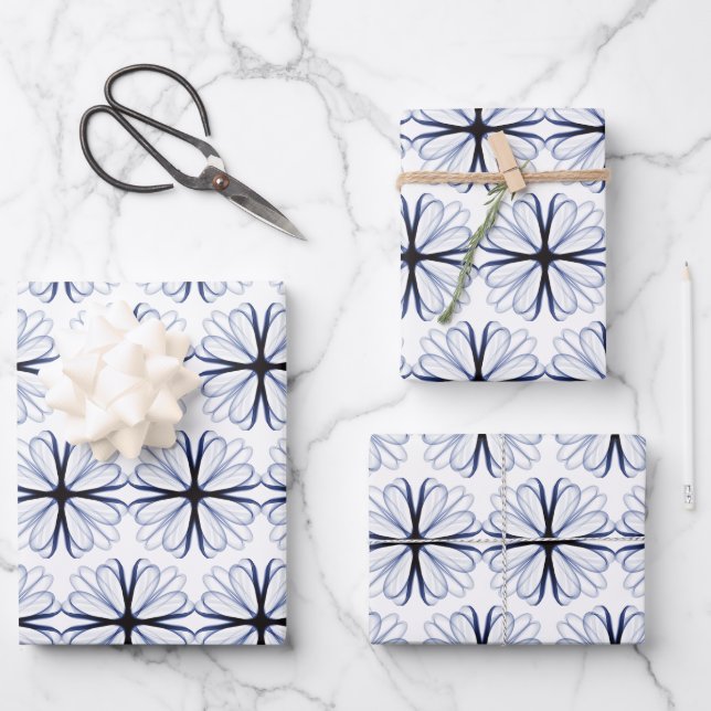 Dark Navy Flower Design Customizable Background  Wrapping Paper Sheets (Front)