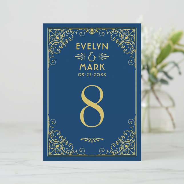 Dark Navy Gold Art Deco Table Number Card (Standing Front)