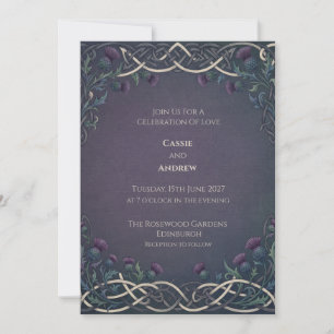 Dark Navy Gold Celtic Thistle Scottish Wedding Invitation