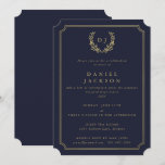 Dark Navy/Gold Monogram Laurel Wreath Graduation I Invitation