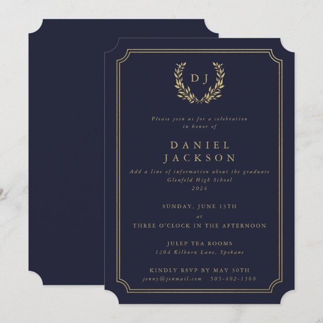 Dark Navy/Gold Monogram Laurel Wreath Graduation I Invitation (Front/Back)