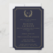 Dark Navy/Gold Monogram Laurel Wreath Graduation I Invitation (Front)