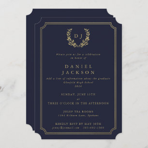 Dark Navy/Gold Monogram Laurel Wreath Graduation I Invitation