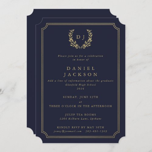 Dark NavyGold Monogram Laurel Wreath Graduation I Invitation