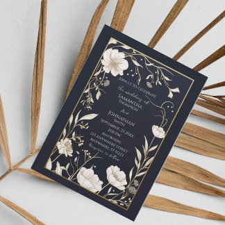 Dark Navy Gold off White Wedding Invitation