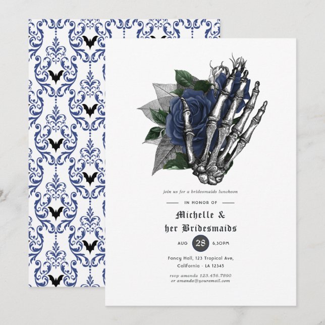 Dark Navy Gothic Floral Bridesmaids Luncheon Invitation (Front/Back)