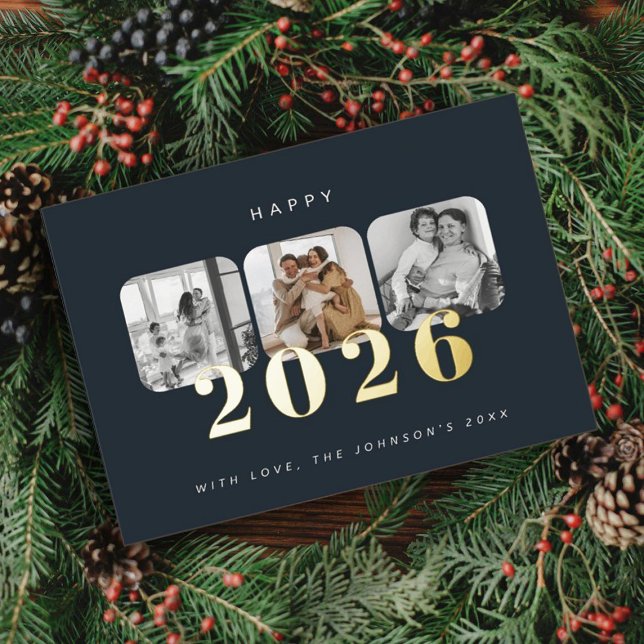 Dark Navy Happy New Year 2026 Photo Gold Foil Holiday Postcard (Creator Uploaded)