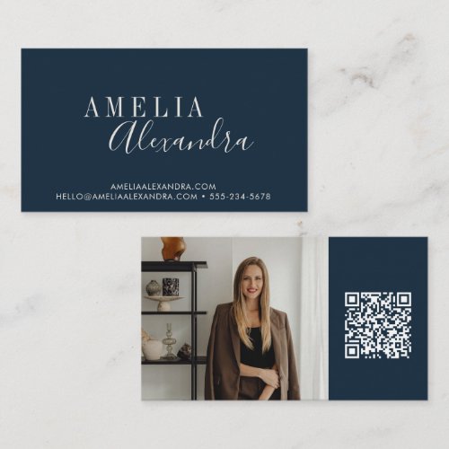 Dark Navy Interior Designer Photo QR Code Branding Business Card