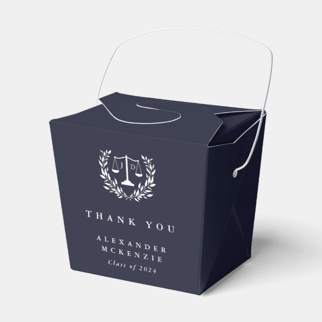 Dark Navy JD Law Scales+Laurel Graduation Favor Boxes (Front Side)