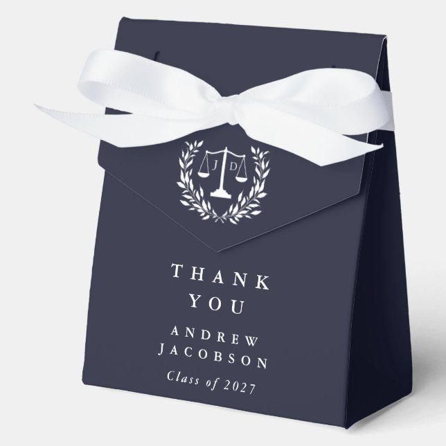 Dark Navy JD Law Scales+Laurel Graduation Favor Boxes (Front)