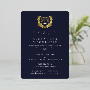 Dark Navy JD Law Scales+Laurel Wreath Graduation Foil Invitation