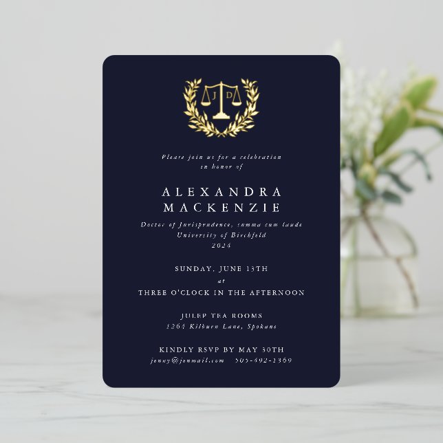Dark Navy JD Law Scales+Laurel Wreath Graduation Foil Invitation (Standing Front)