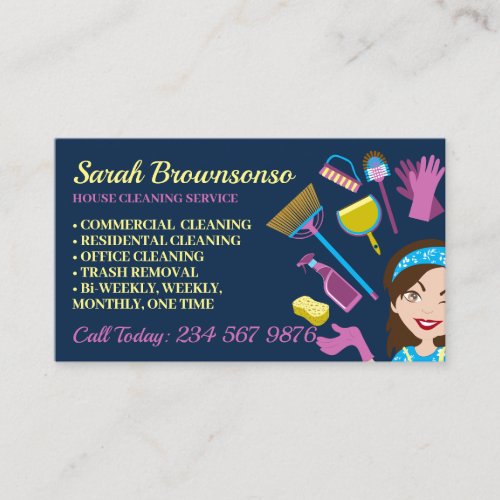 Dark Navy Lady Cartoon Girl House Cleaning Business Card