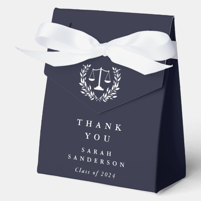 Dark Navy Law Scales+Laurel Wreath Graduation Favor Boxes (Front)