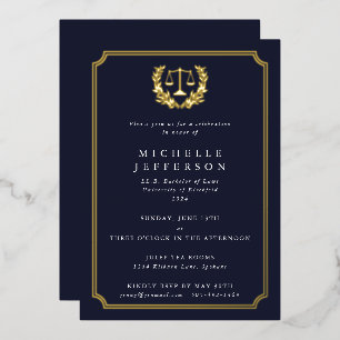 Dark Navy Law School Graduation Party Foil Invitation