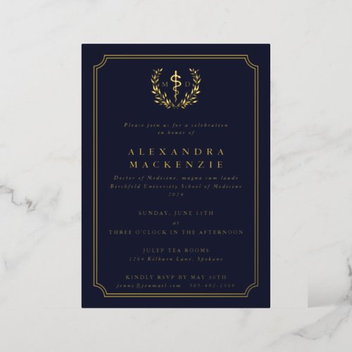 Dark Navy MD Asclepius  Laurel Wreath Graduation Foil Invitation