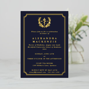 Dark Navy MD Asclepius + Laurel Wreath Graduation Foil Invitation