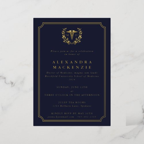 Dark Navy MD CaduceusLaurel Wreath Graduation Foil Invitation