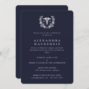 Dark Navy MD Caduceus+Laurel Wreath Graduation Invitation