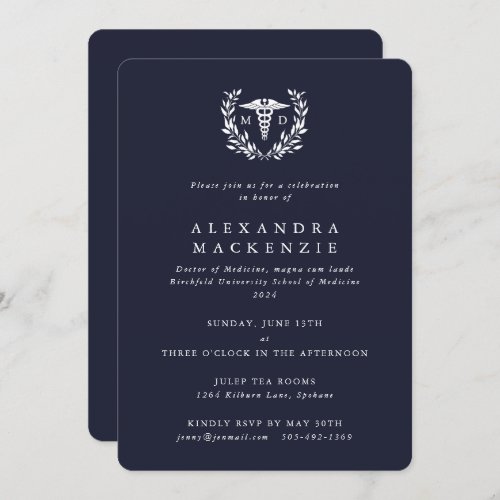 Dark Navy MD CaduceusLaurel Wreath Graduation Invitation