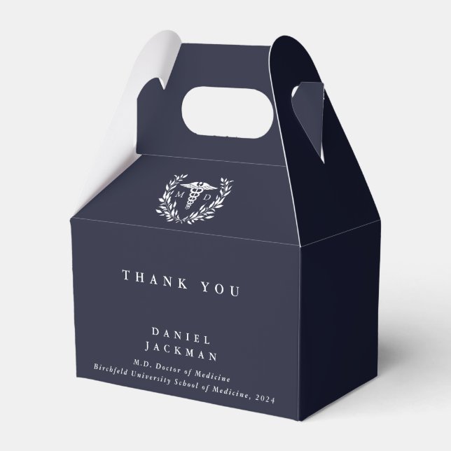 Dark Navy MD Doctor + Caduceus Graduation Favor Boxes (Front Side)