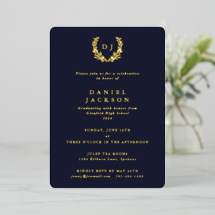 Dark Navy Monogram + Laurel Wreath Graduation Foil Invitation
