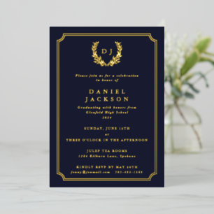 Dark Navy Monogram + Laurel Wreath Graduation Foil Invitation