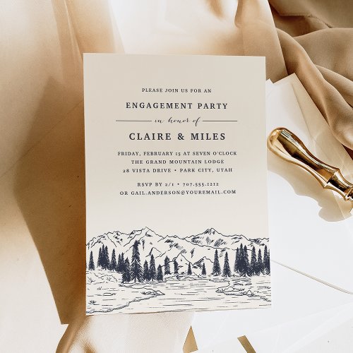 Dark Navy  Mountain Sketch Engagement Party Invitation