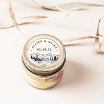 Dark Navy | Mountain Sketch Personalized Wedding Classic Round Sticker<br><div class="desc">Rustic chic stickers for your outdoor,  woods or adventurous wedding feature a hand sketched illustration of mountain peaks,  pine trees and a flowing river,  with your names and wedding date in block lettering.</div>
