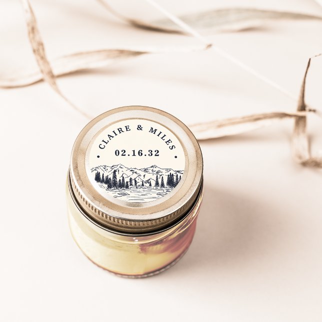 Dark Navy | Mountain Sketch Personalized Wedding Classic Round Sticker (Creator Uploaded)