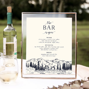 Dark Navy Mountain Sketch Wedding Bar Menu Sign