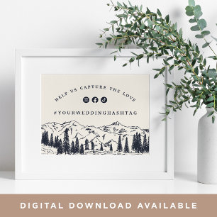 Dark Navy Mountain Sketch Wedding Hashtag Sign
