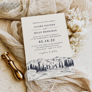 Dark Navy   Mountain Sketch Wedding Invitation