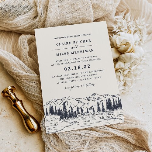 Dark Navy  Mountain Sketch Wedding Invitation