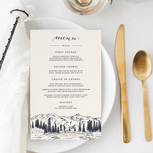 Dark Navy  Mountain Sketch Wedding Menu