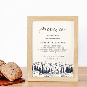 Dark Navy Mountain Sketch Wedding Menu Sign