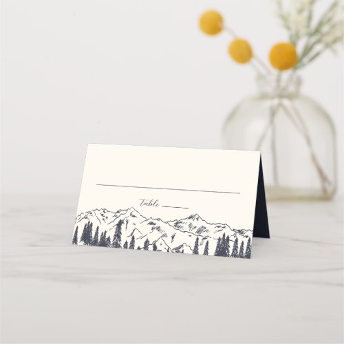 Dark Navy  Mountain Sketch Wedding Place Card