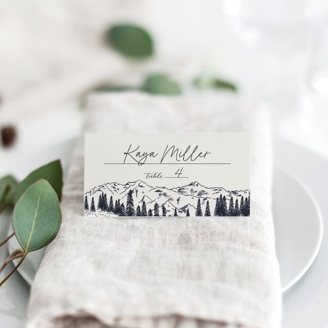 Dark Navy | Mountain Sketch Wedding Place Card (Creator Uploaded)