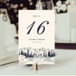 Dark Navy | Mountain Sketch Wedding Table Number<br><div class="desc">Rustic woodland chic table number cards feature a sketched illustration of mountain peaks,  pine trees and a flowing river,  beneath your table number,  event date and additional custom text. Design repeats on reverse side. Coordinates with our wintry Mountain Sketch wedding invitation suite.</div>