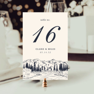 Dark Navy Mountain Sketch Wedding Table Number