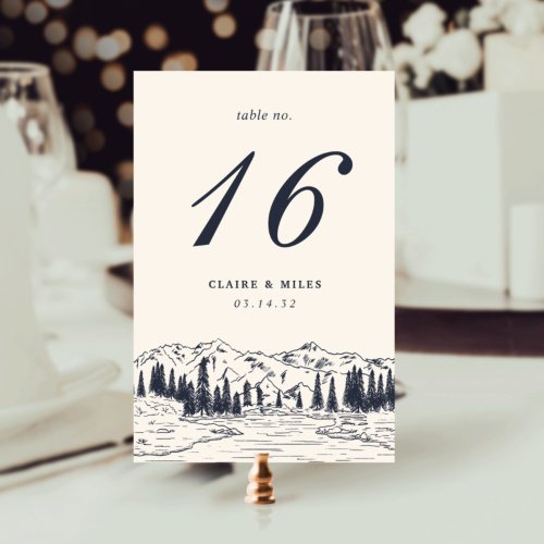 Dark Navy  Mountain Sketch Wedding Table Number