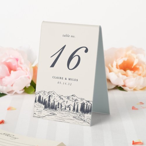 Dark Navy  Mountain Sketch Wedding Table Number Table Tent Sign
