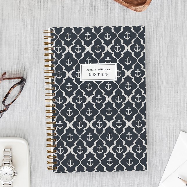 Dark Navy Nautical Anchor Ogee Personalized Notebook (Creator Uploaded)